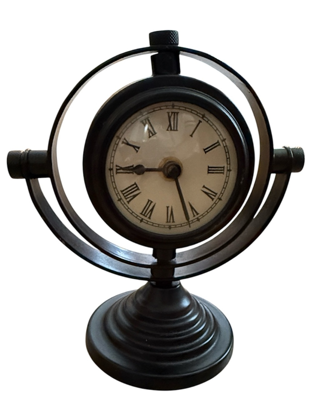 DESK OR MANTEL 7” SWIVEL CLOCK BATTERY OPERATED TESTED WORKS BLACK METAL HEAVY